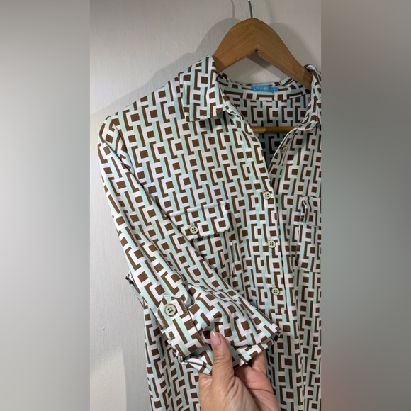 J.McLaughlin Catalina Cloth Geometric Shirt Dress Brown Mint - Picture 4 of 5
